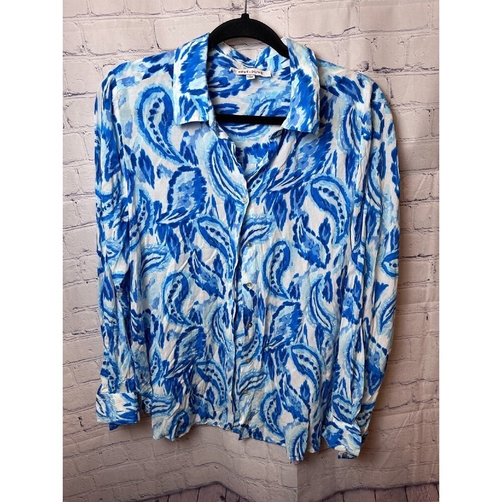 Rose + Olive Blouse Top Blue White Paisley Print Long Sleeve XL